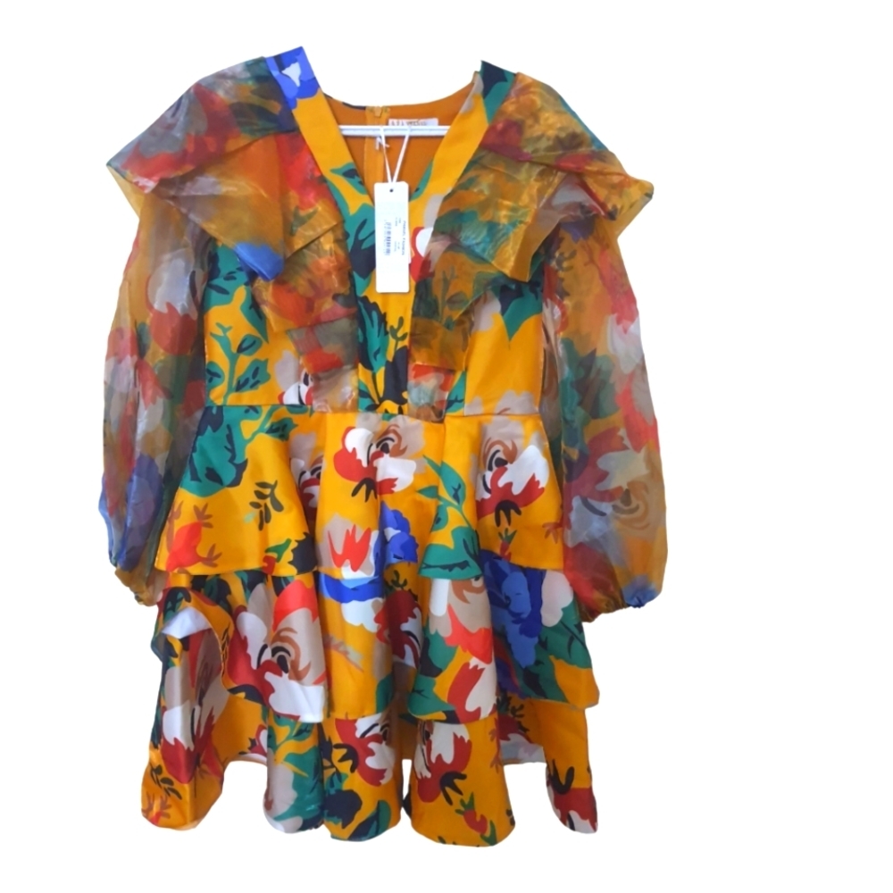 TROPICAL print yellow tulle dress